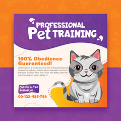 Pet training social media post template with cute pets and animal . Colorful banner design with happy pet, cats. Vector cartoon illustration