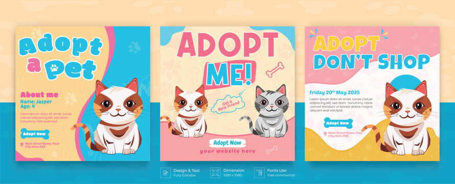 dogs and cats adoption social media post template with cute pets and animal . Adopt me banner, happy pet, cats. Vector cartoon illustration for pet adopt