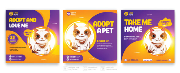 dogs and cats adoption social media post template with cute pets and animal . Adopt me banner, happy pet, cats. Vector cartoon illustration for pet adopt