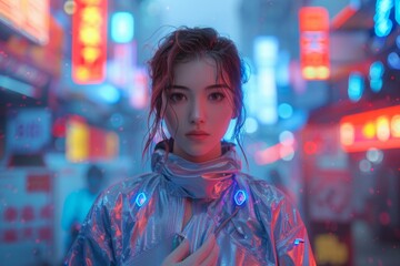 Young woman in a shiny, futuristic outfit standing on a neon-lit street in an urban setting at night.

