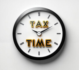3d render illustration of a black and white clock with the word text TAX TIME written on it in a large, bold, yellow font