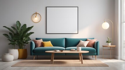 Frame mockup, ISO A paper size. Living room wall poster mockup. Interior mockup with house background. Blank poster frame mockup with minimalist sofa interior ,3D render