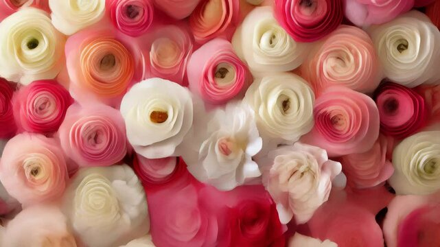 Close up of pink and white ranunculus flowers