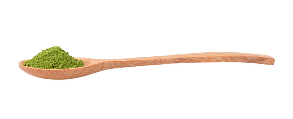 matcha green tea powder in wood spoon on transparent png