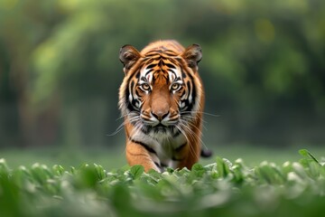 Obraz premium Majestic Bengal tiger walking towards camera through green foliage, International tiger day.