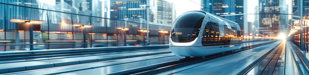 Minimalist, unmanned aerial vehicle, smart tram of the future, future tram traveling on a future intersection overpass. Generative AI.