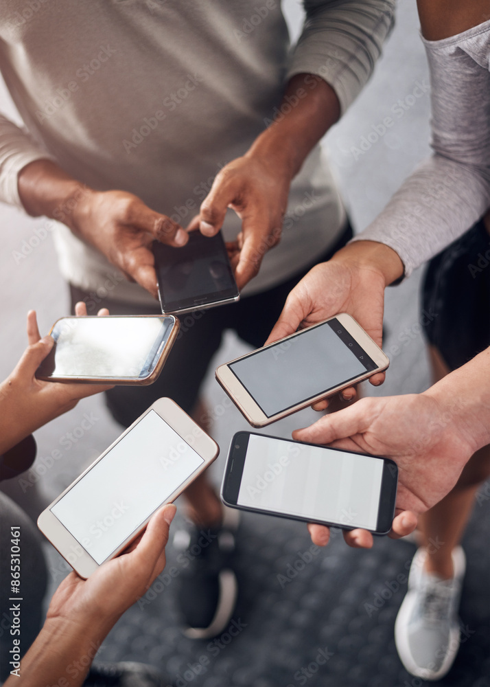 Aufkleber phone, screen and hands of people in group for networking on social media, mobile app or internet. t