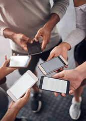 Phone, screen and hands of people in group for networking on social media, mobile app or internet....