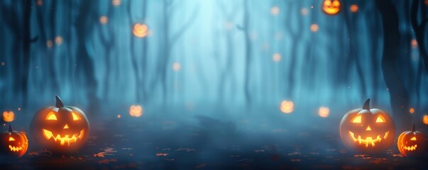 Spooky Halloween scene in a dark forest with glowing jack-o'-lanterns and mist for a haunting holiday atmosphere.