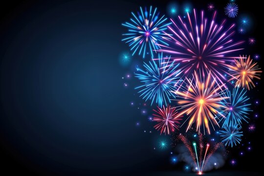 fireworks display with colorful bursts lighting up the night sky, perfect for celebrations and festive events. Bastille day, July 14th national day