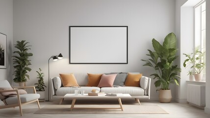 Frame mockup, ISO A paper size. Living room wall poster mockup. Interior mockup with house background. Blank poster frame mockup with minimalist sofa interior ,3D render