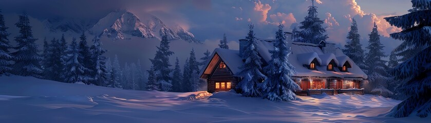 Fototapeta premium A cozy cabin nestled in a snowy forest. The warm glow from the windows contrasts with the cold, dark night. The snow-covered trees and mountains create a peaceful and serene scene.