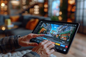 Hands operating a tablet, editing a vibrant cityscape photo in a cozy living room setting.

