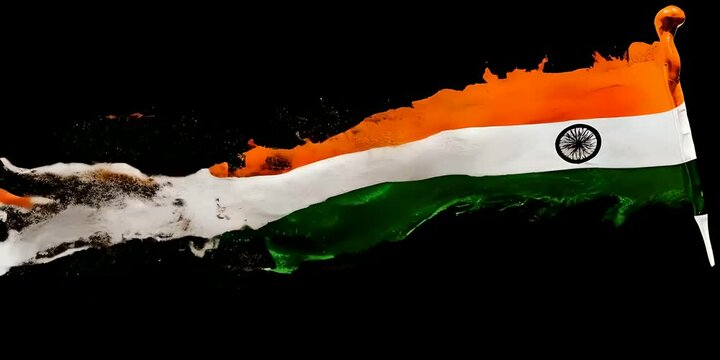 Three paint splashes in orange, white, and green on a black background, represent Indian flag colors, symbolizing Independence Day and Republic Day celebrations