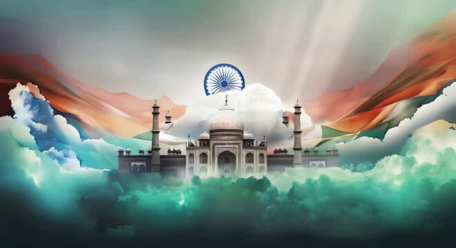 Digital illustration of Indian flag colors with a white cloud in the center, and fancy hand-drawn palace buildings, symbolizing Independence Day and Republic Day celebrations