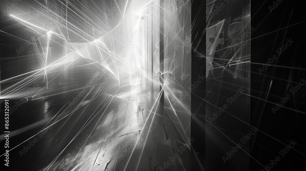Poster a mysterious and dynamic image featuring intersecting paths of light in a dark and moody setting. bl