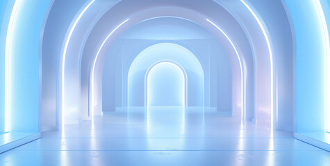 Minimal room interior with abstract background, a blue wall and bright white neon lines.