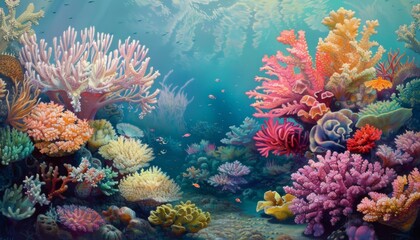 Naklejka premium A vibrant coral reef with a variety of colorful corals. Colorful coral reef of the underwater world
