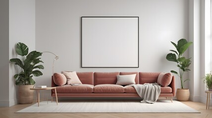 Frame mockup, ISO A paper size. Living room wall poster mockup. Interior mockup with house background. Blank poster frame mockup with minimalist sofa interior ,3D render