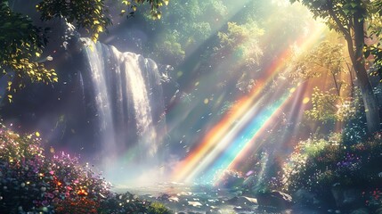 A beautiful landscape with a waterfall, flowers, and a rainbow