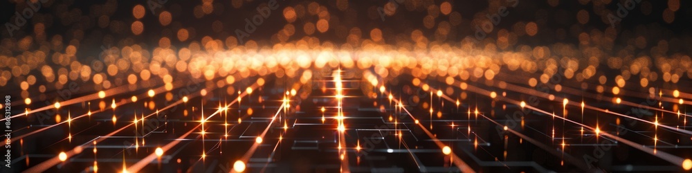 Poster futuristic tech grid with dark minimalist background, featuring abstract hub connections softly lit 