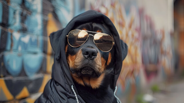 Rottweiler Wearing a Hoodie and Aviator Sunglasses Posing in Front of Graffiti Wall