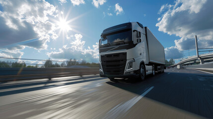 Naklejka premium Transportation Concept: European Truck in Blur on Sunny Road