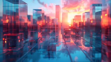 Fototapeta premium Transparent cubes with blue and red gradient colors in the center of an urban landscape at sunset, reflections on glass surfaces, high resolution.
