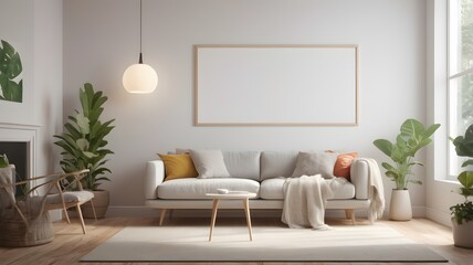 Frame mockup, ISO A paper size. Living room wall poster mockup. Interior mockup with house background. Blank poster frame mockup with minimalist sofa interior ,3D render