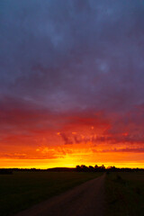 A beautiful minimalist landscape with colorful sunrise skies. Bright summer scenery of rural...