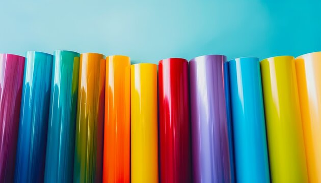Rainbow colored vinyl car wrapping rolls on panoramic banner