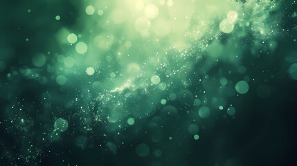 Abstract green bokeh lights and particles with a dreamy, mystical atmosphere.
