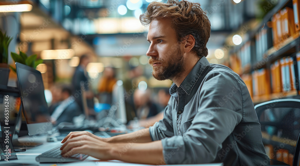 Poster employee male working on computer at modern office. generative ai.