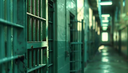 Obraz premium Row of prison cell doors in a jail corridor with a focus on one heavy green metal door
