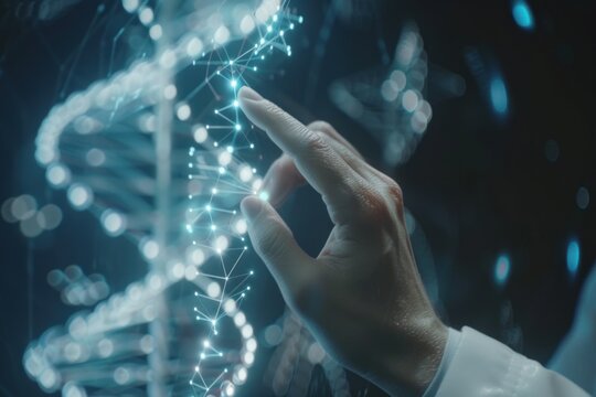 A doctor scientist examines the structure of DNA in the form of a blue spiral on a hologram with a modern virtual screen interface, performs a diagnosis of the state of health. Futuristic medical tech