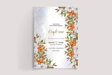 WEDDING INVITATION FRAME WITH FLOWER DECORATIONS AND FRESH LEAVES 