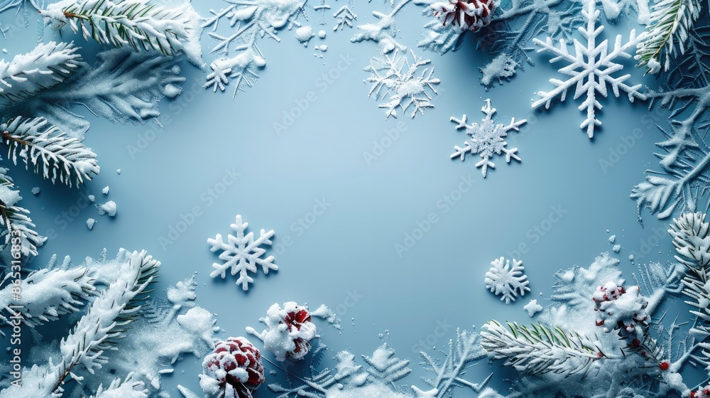 Poster A solid background with snowflakes and decorations. Generative AI.