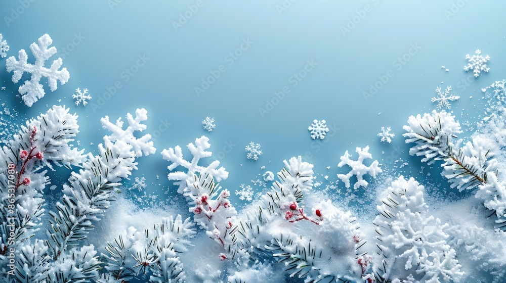 Poster A solid background with snowflakes and decorations. Generative AI.