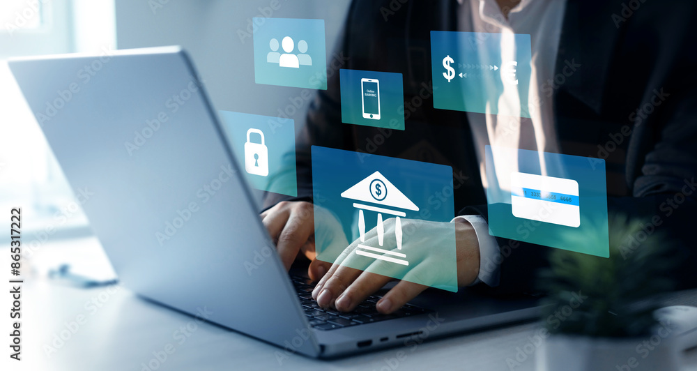 Aufkleber online banking technology. financial digital innovation technology. finance and banking networking. 