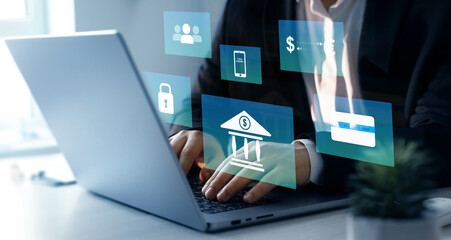 Online banking technology. Financial digital innovation technology. Finance and banking networking. Customer network connection and cyber security.