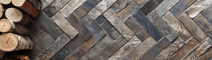Rustic herringbone tiles with a textured finish, ideal for a cozy fireplace surround