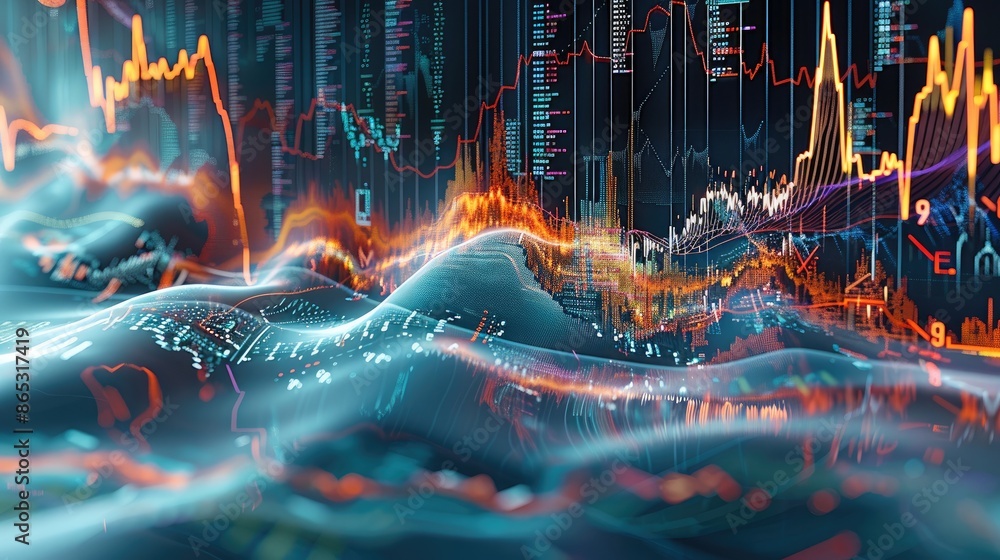 Poster Digital artwork of an AI algorithm analyzing stock market trends. Generative AI.