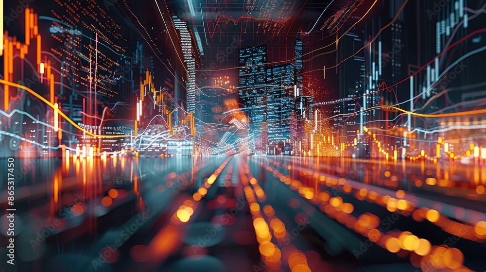 Poster Digital artwork of an AI algorithm analyzing stock market trends. Generative AI.