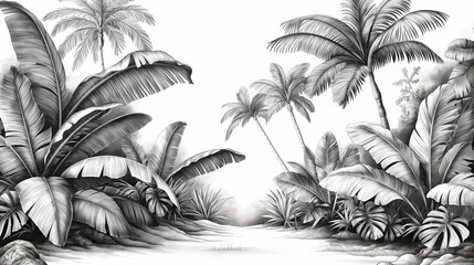seamless pattern with tropical leaves. Beautiful allover print with hand drawn exotic plants. Swimwear botanical design. black and white tropical plants.