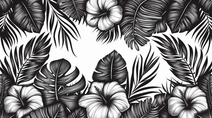 seamless pattern with tropical leaves. Beautiful allover print with hand drawn exotic plants. Swimwear botanical design. black and white tropical plants.
