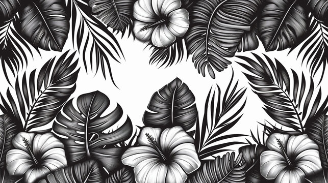 seamless pattern with tropical leaves. Beautiful allover print with hand drawn exotic plants. Swimwear botanical design. black and white tropical plants.
