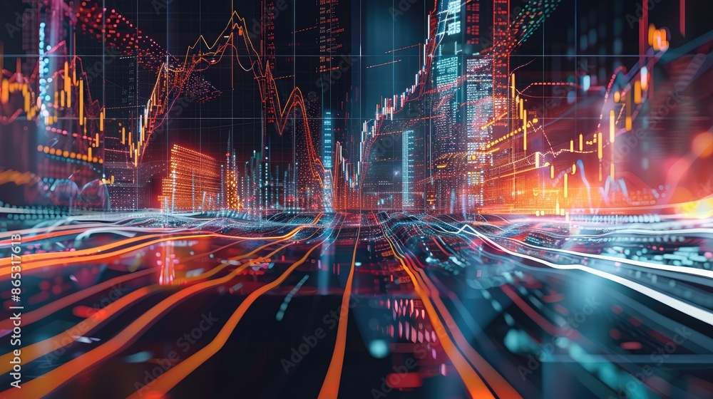 Poster Digital artwork of an AI algorithm analyzing stock market trends. Generative AI.