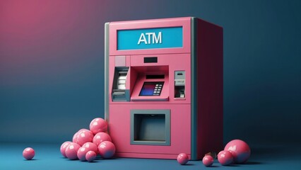 Pink ATM Machine with Scattered Spheres