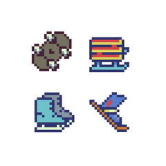Winter sport pixel art style icons set, emoji. 8-bit sprite. Design for logo game, sticker, web, mobile app, badges and patches. Isolated vector illustration. Game assets.