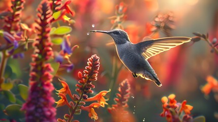 Obraz premium A hummingbird hovers near a vibrant flower garden, sipping nectar from blooming flowers. The shot is captured from a side angle, showcasing a rich variety of colors and plants. 